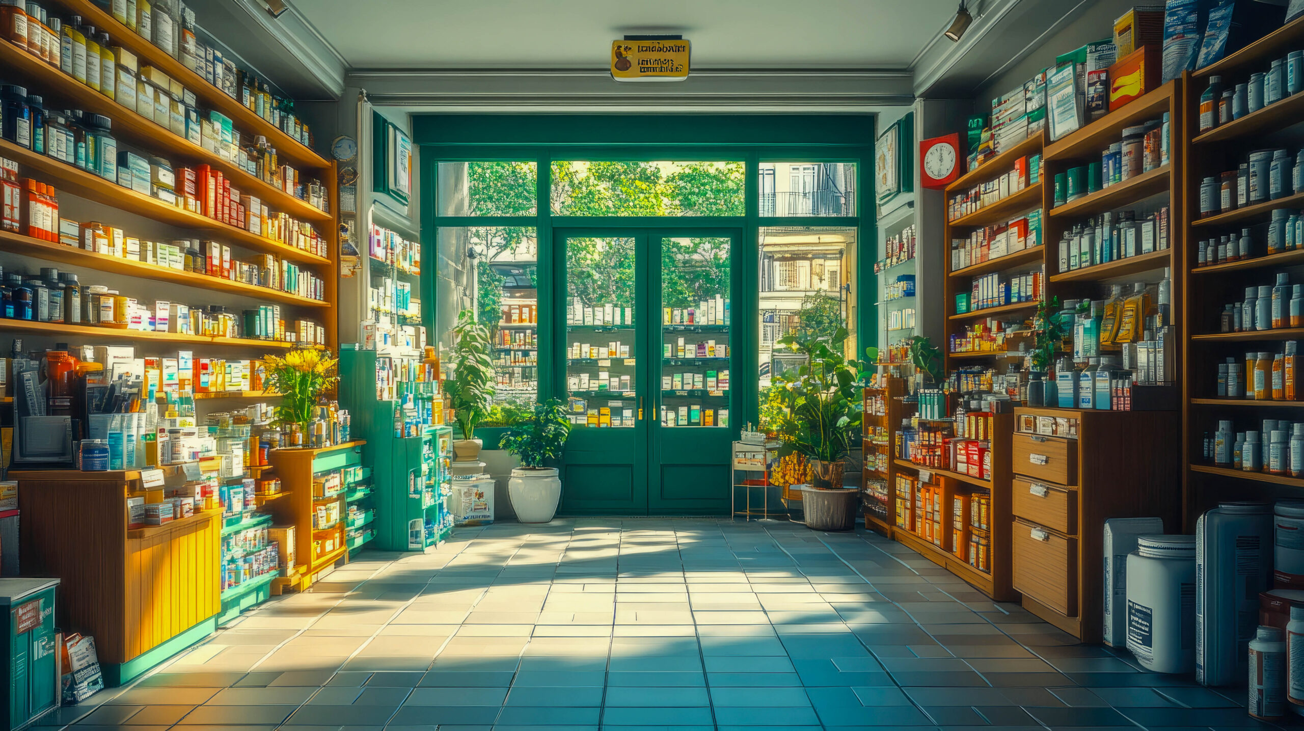 Brightly lit pharmacy aisle with shelves filled with medications and healthcare products, creating a modern and organized retail space